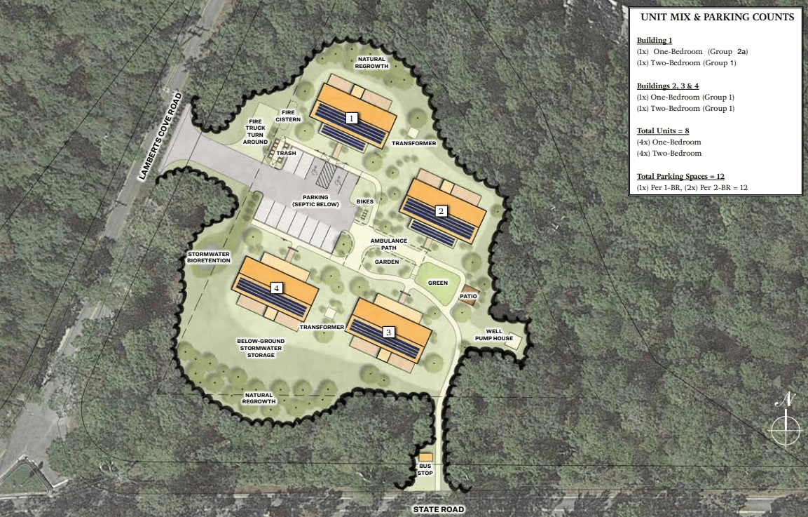 A map shows a layout of a property with buildings, roads, and a parking area.